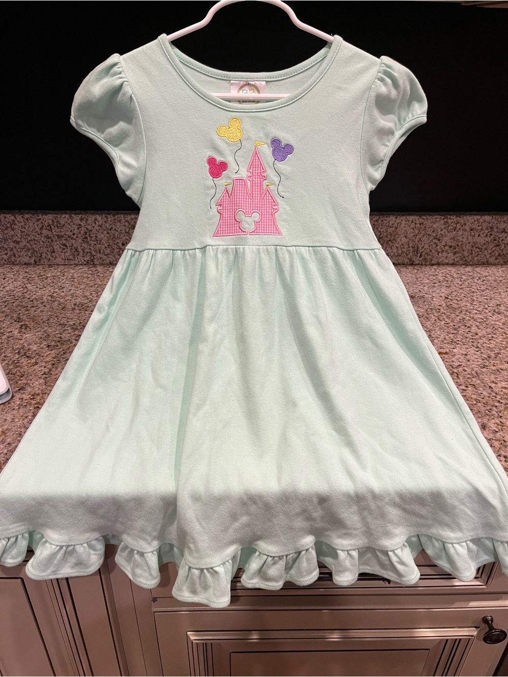Girls Mint Disney Castle Appliqué Ruffle Hem Dress
